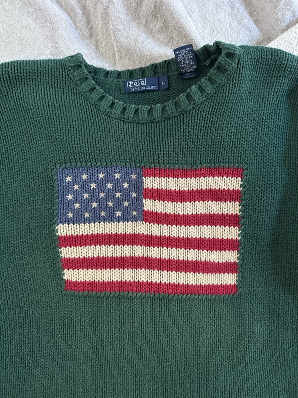 Vintage Polo by Ralph Lauren green American flag sweater, size L - Picture 2 of 11